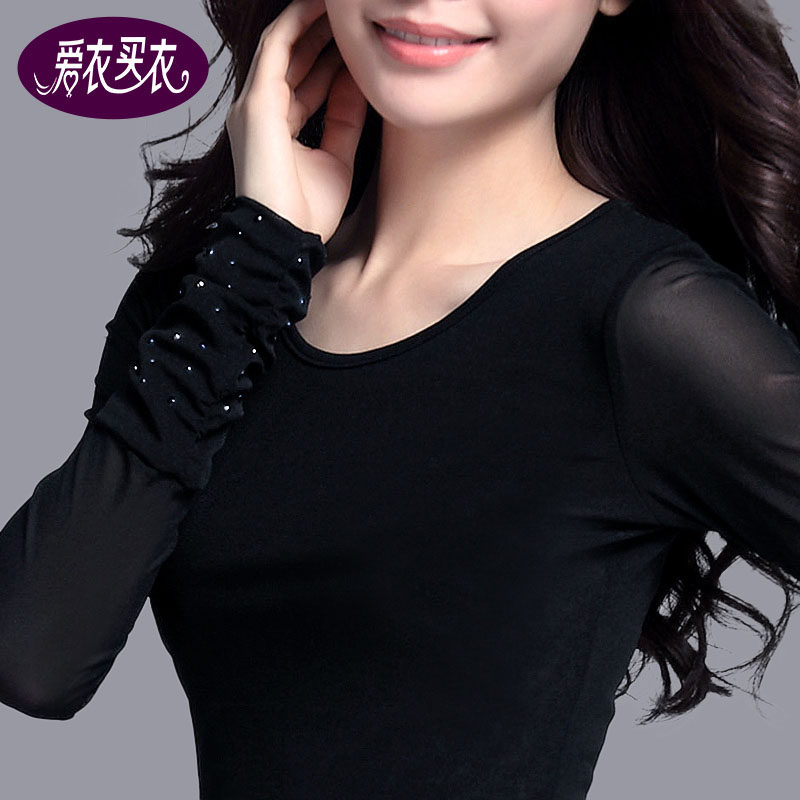 网纱打底衫女2021春秋新款网纱女装内搭修身秋衣早秋黑色长袖t恤