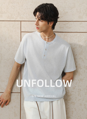 UNFOLLOW浅蓝色亨利领短袖T恤男夏季新款半截袖体恤高级感上衣潮