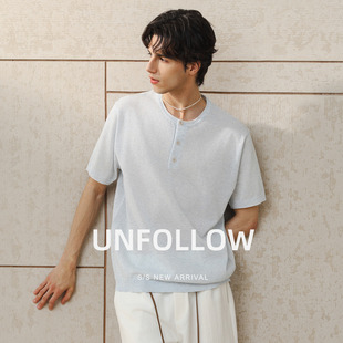 UNFOLLOW浅蓝色亨利领短袖T恤男夏季新款半截袖体恤高级感上衣潮
