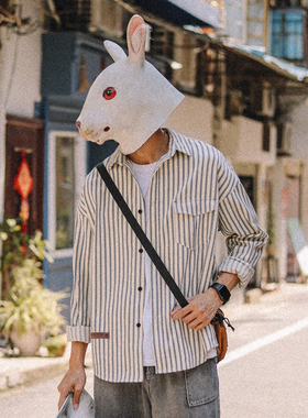 兔先森春秋季复古竖条纹衬衫小清新男生长袖衬衣撞色潮流上衣寸衫