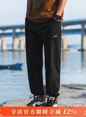 兔先森夏季基础薄款网眼拼接透气黑色束脚裤男抽绳式休闲裤长裤子