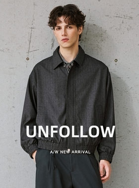 UNFOLLOW 翻领竖纹短款夹克男春秋新款高级感外套宽松休闲上衣潮