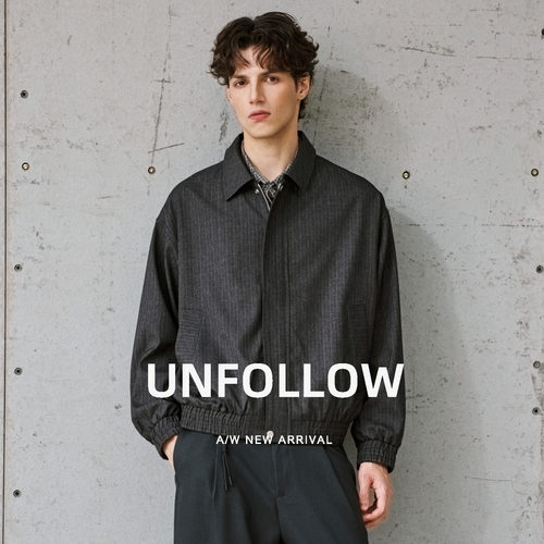 UNFOLLOW 翻领竖纹短款夹克男春秋新款高级感外套宽松休闲上衣潮