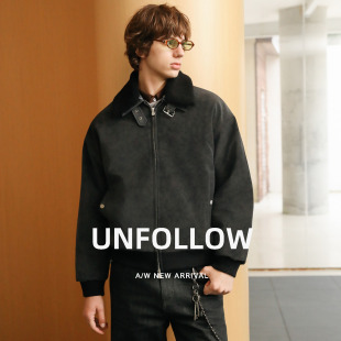 UNFOLLOW羊羔毛PU皮棉衣男冬季新款加绒加厚夹克棉服潮流外套袄子