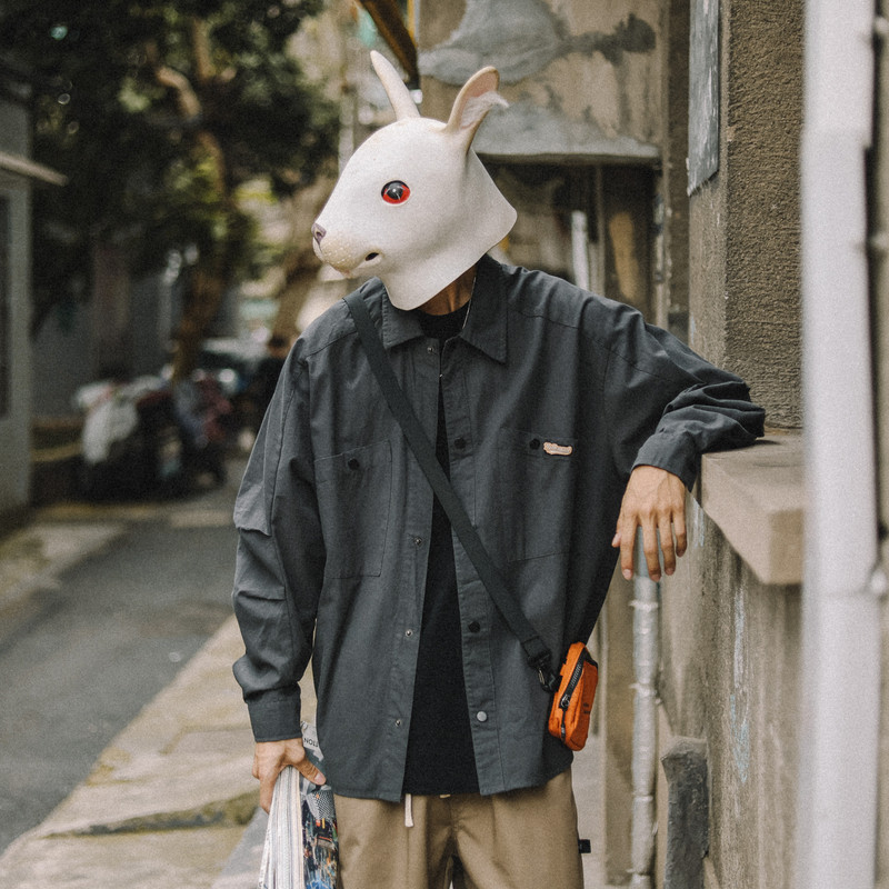兔先森春秋款日系复古水洗工装长袖衬衫男装宽松休闲百搭衬衣外套