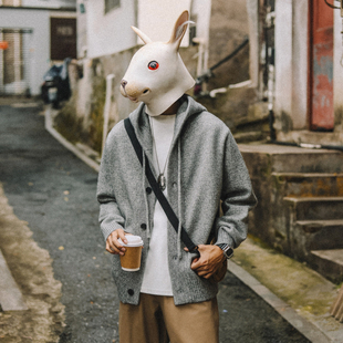 兔先森老钱风灰色连帽针织开衫 男冬慵懒简约毛衣休闲软糯保暖外套