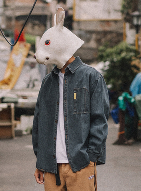 兔先森春秋季美式复古潮流工装牛仔衬衫男装长袖休闲衬衣男士外套