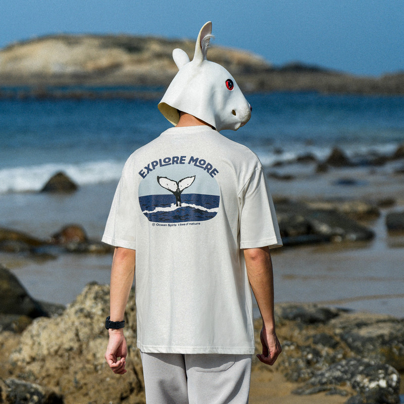 兔先森夏季美式休闲海洋鲸尾后背印花圆领薄款t恤男休闲短袖体恤