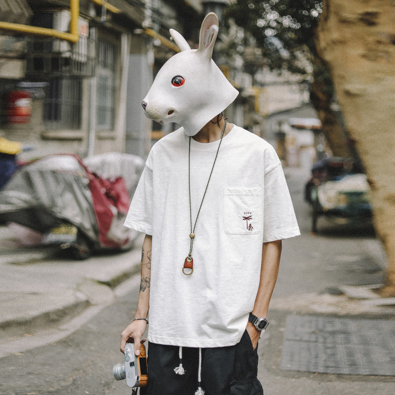 兔先森夏季潮牌竹节棉口袋绣花短袖T恤男士宽松垂感体恤圆领上衣