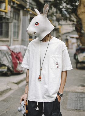 兔先森夏季潮牌竹节棉口袋绣花短袖T恤男士宽松垂感体恤圆领上衣