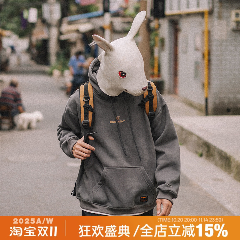 兔先森2025春秋季复古纯色加绒卫衣男连帽宽松套头衫男生上衣潮流