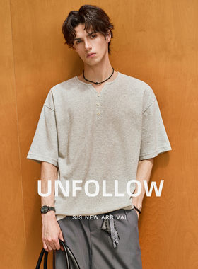 UNFOLLOW亨利领半开扣短袖T恤男夏季纯色体恤五分袖老钱风上衣潮