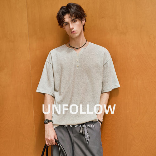 UNFOLLOW亨利领半开扣短袖T恤男夏季纯色体恤五分袖老钱风上衣潮