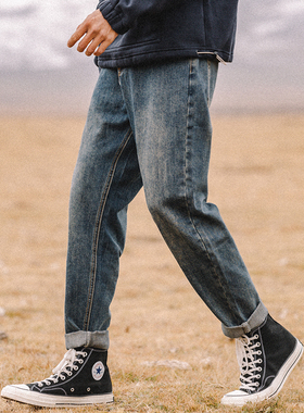 兔先森春秋款做旧蓝水洗牛仔裤男复古工装裤潮流日系宽松直筒长裤