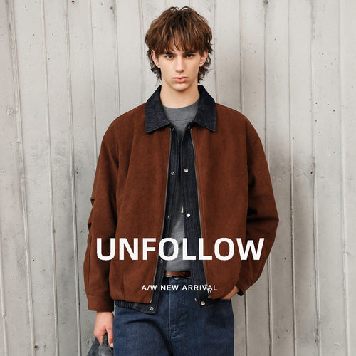 【含羊毛棉】UNFOLLOW撞色翻领麂皮夹克棉衣男秋季复古棉服外套潮