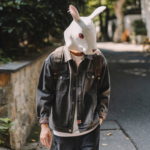 夹克水洗做旧潮流牛仔衣 复古工装 兔先森春秋季 翻领牛仔外套男美式