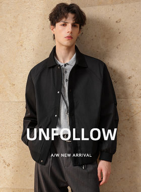 UNFOLLOW罗纹翻领夹克男春秋新款简约休闲外套宽松短款上衣褂子潮