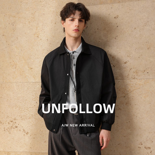 UNFOLLOW罗纹翻领夹克男春秋新款简约休闲外套宽松短款上衣褂子潮