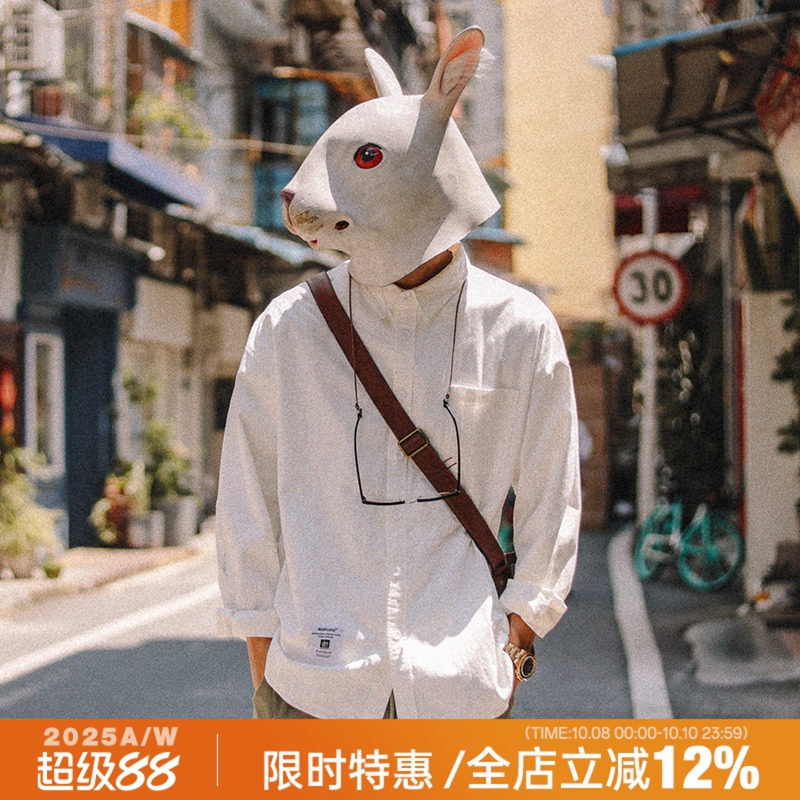 兔先森日系复古纯色落肩长袖衬衣