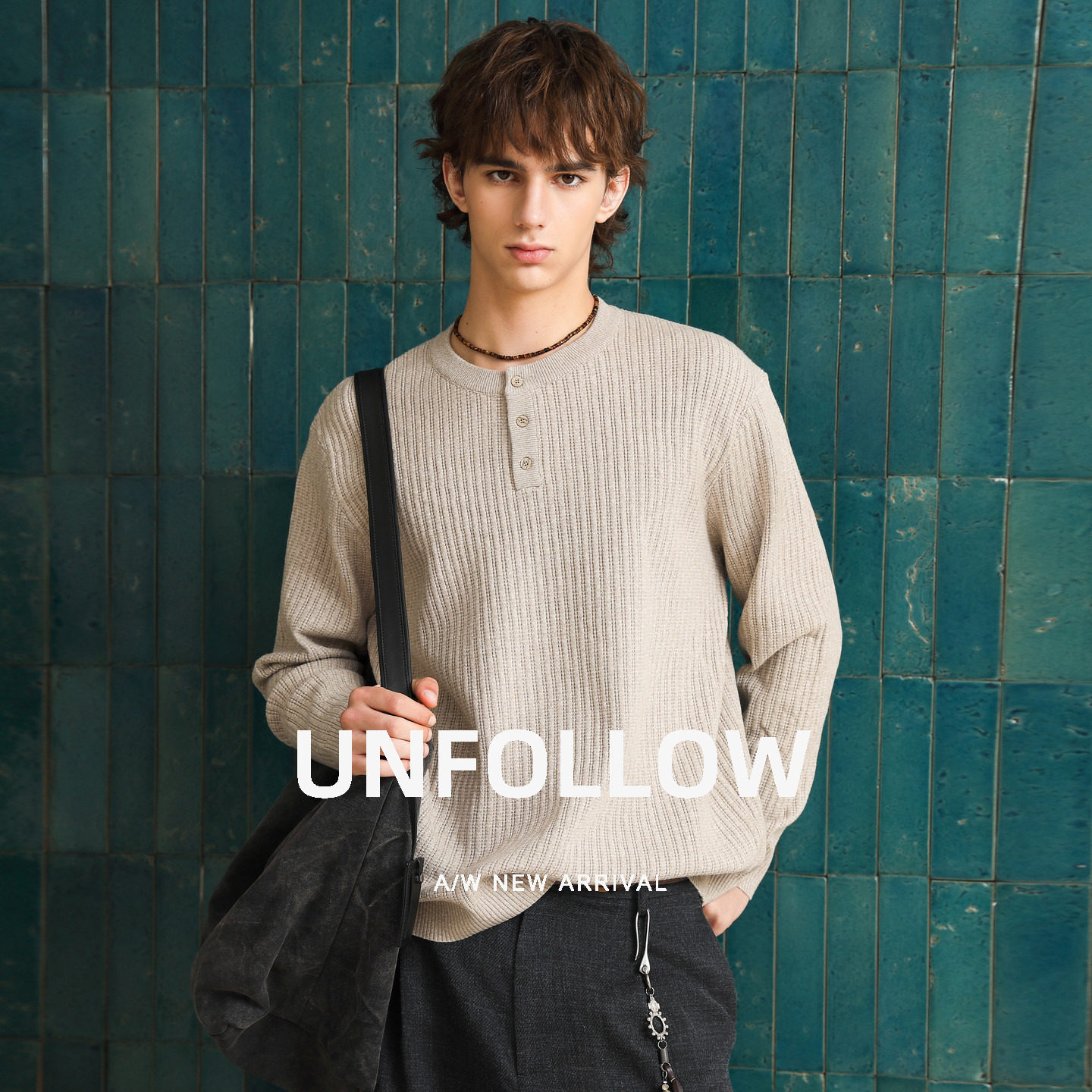 UNFOLLOW 肌理亨利领针织衫男春秋新款宽松休闲长袖毛衣宽松上衣