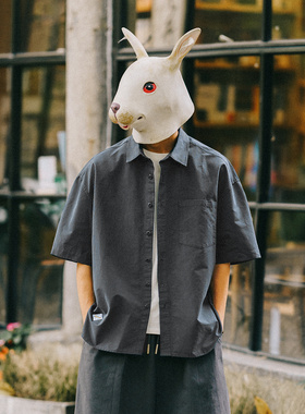 兔先森夏季复古细条纹短袖衬衫男生潮流小贴袋装饰五分袖衬衣外套