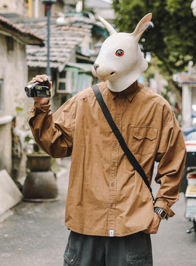 兔先森日系复古暗格纹长袖翻领工装衬衫男女春秋休闲纯色上衣外套