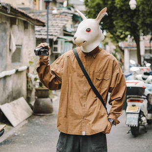 男女春秋休闲纯色上衣外套 衬衫 兔先森日系复古暗格纹长袖 翻领工装