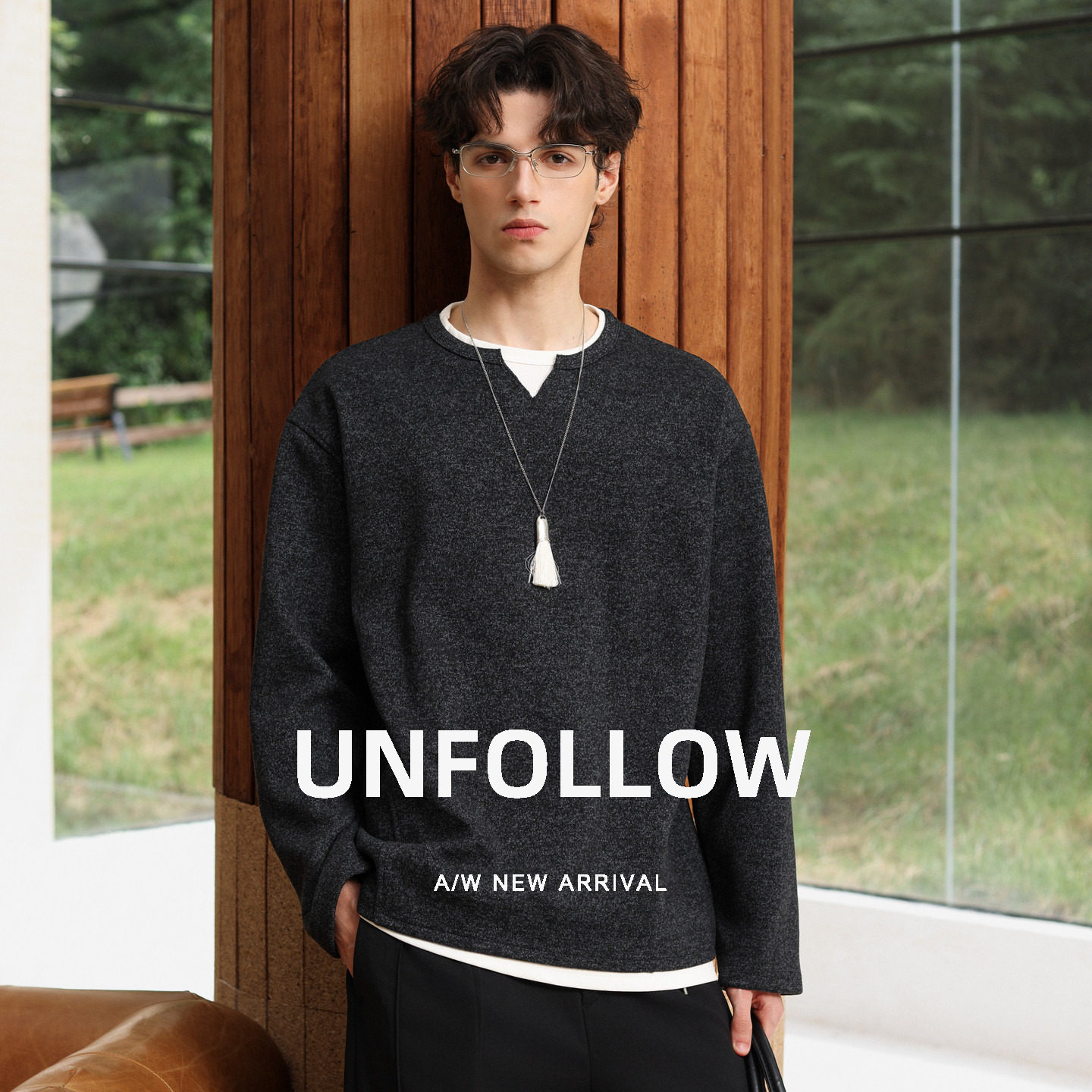 UNFOLLOW桑蚕丝羊毛莱赛尔混纺假两件V领卫衣男秋季打底衫长袖T恤