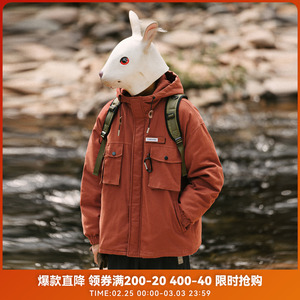 RabbitHouse 冬季户外风机能休闲贴袋工装棉衣男潮流宽松红色外套