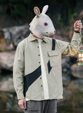 兔先森春秋季复古撞色拼接工装纯棉衬衫男潮百搭休闲修身长袖衬衣