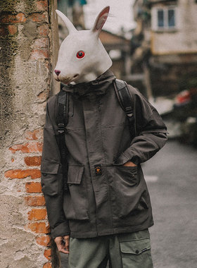 兔先森2026春秋季复古机能潮流工装外套男士纯色宽松休闲连帽夹克