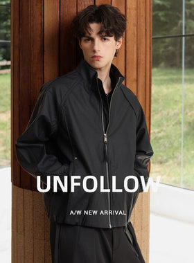 UNFOLLOW立领插肩皮夹克男春秋新款简约休闲外套宽松短款潮流上衣