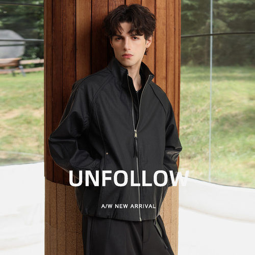 UNFOLLOW立领插肩皮夹克男春秋新款简约休闲外套宽松短款潮流上衣