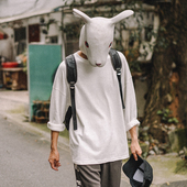 纯棉衣服 落肩男士 兔先森重磅白色纯色长袖 t恤百搭休闲宽松打底衫