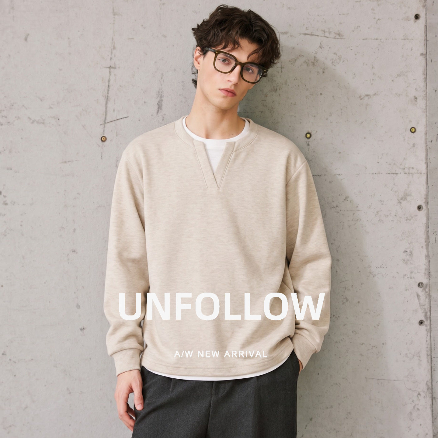 UNFOLLOW桑蚕丝羊毛混纺小V领假两件卫衣男春秋高级感内搭上衣潮