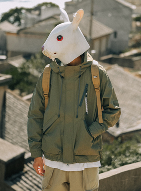 兔先森春秋季复古工装户外防风冲锋衣连帽夹克男宽松休闲机能外套