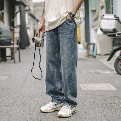 兔先森美式复古水洗蓝色牛仔裤