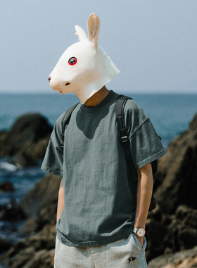 兔先森夏季复古300G重磅纯色圆领T恤男休闲宽松纯棉短袖打底衫t恤