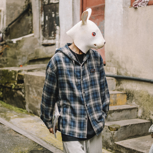 外套男潮宽松连帽百搭衬衣夹克 复古撞色格纹衬衫 兔先森春秋季 美式
