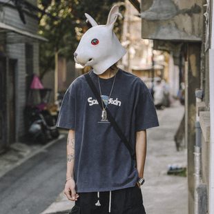 衫 t恤男做舊純棉體恤字母印花圓領(lǐng)半袖 學(xué)院風(fēng)復(fù)古短袖 兔先森夏季