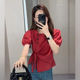 独特漂亮小衫 红色法式 收腰绑带气质上衣女 女2025新款 夏季 短袖 衬衫