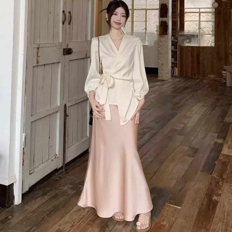 法式不规则缎面绑带v领长袖衬衫高腰鱼尾半身长裙春季新款两件套