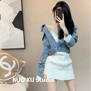 韩系复古穿搭港风宽松休闲牛仔外套上衣修身 女 显瘦针织连衣裙套装