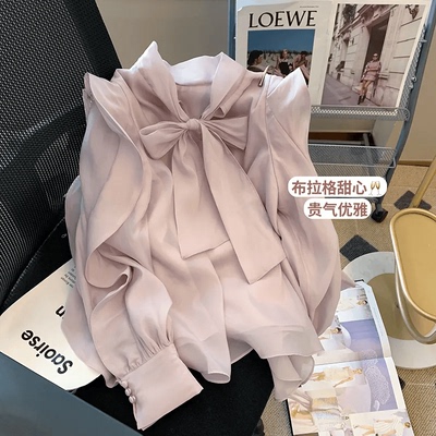 秋季新款蝴蝶结系带长袖雪纺衬衫