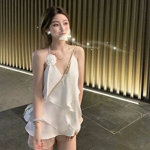 外穿无袖 缎面山茶花吊带背心设计感小众法式 露肩上衣 新款 2025夏季