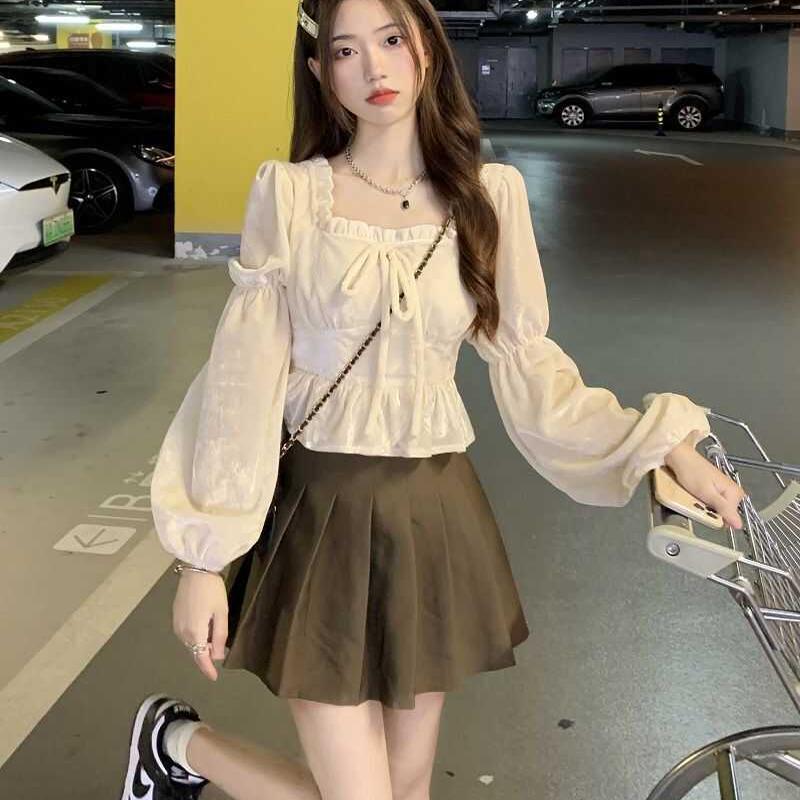 甜美小香风丝绒收腰长袖衬衫