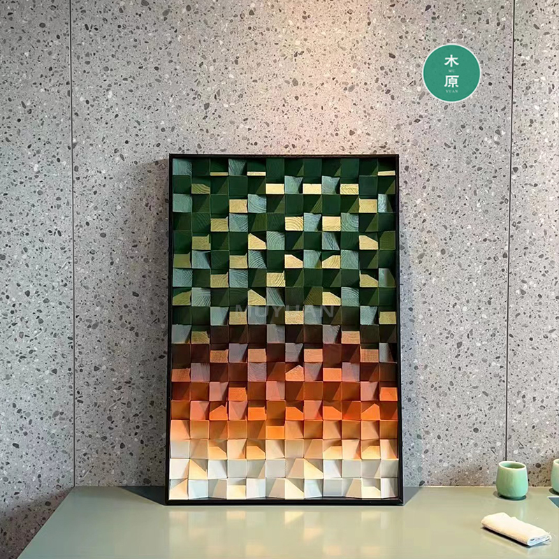 实木彩色渐变色木块装饰画3D客厅玄关酒店餐厅民宿咖啡厅墙面装饰图片