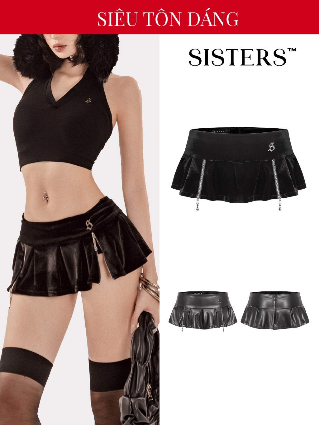 越表哥越南小众sisters新款纯欲风性感侧边开叉百褶短裙