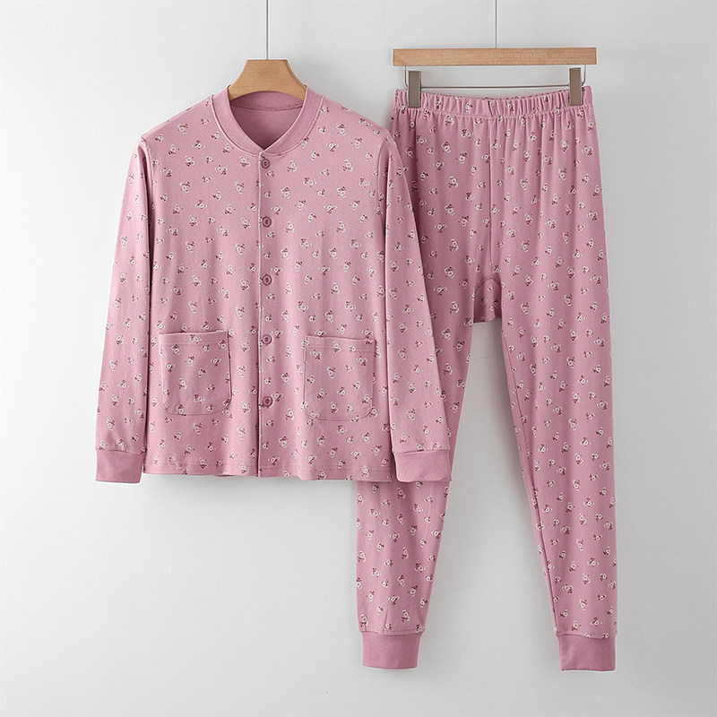 中老年人纯棉开衫秋衣秋裤女冬季单层保暖内衣套装妈妈开襟棉毛衫