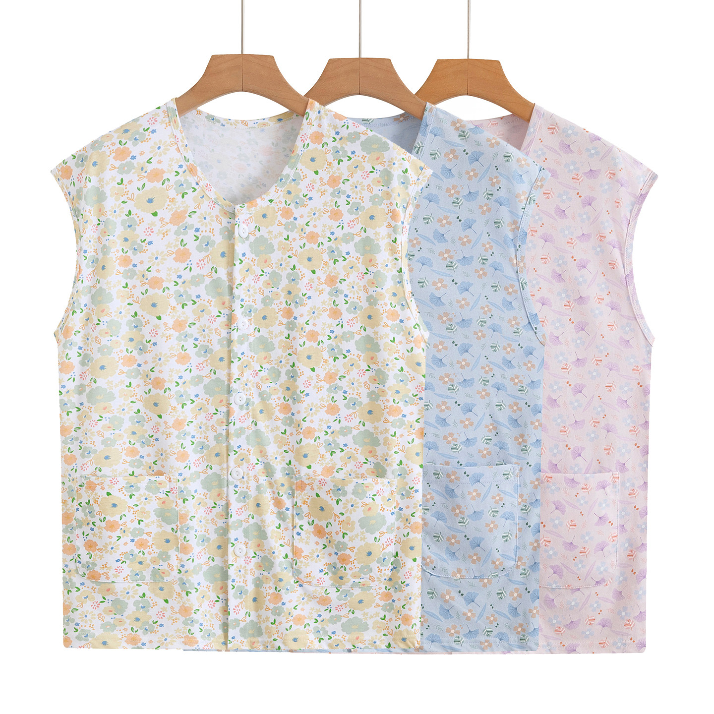 纯棉女士开衫无袖背心碎花对襟宽松中老年妈妈装老人宽肩T恤汗衫